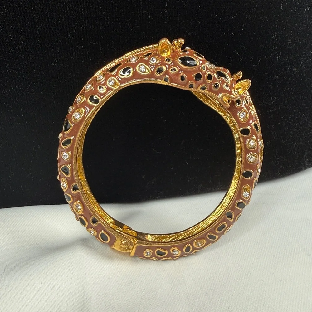Sassy Jones Gold-Tone Giraffe Bangle Bracelet w/ Brown and Crystal Accent. - Picture 2 of 3